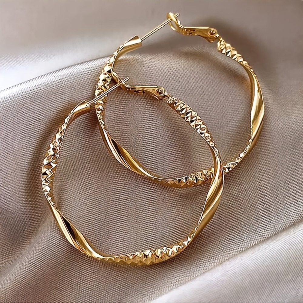 Gold Twisted Hoop Earrings with Spiral Design